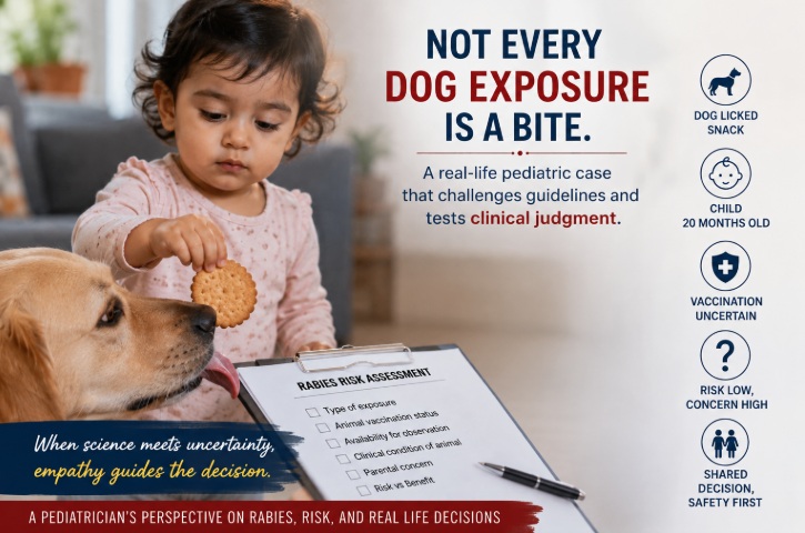 A young toddler holding a snack with a pet dog nearby, illustrating a potential indirect rabies exposure scenario.