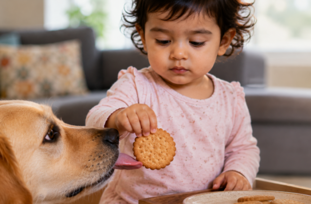 A young toddler holding a snack with a pet dog nearby, illustrating a potential indirect rabies exposure scenario.