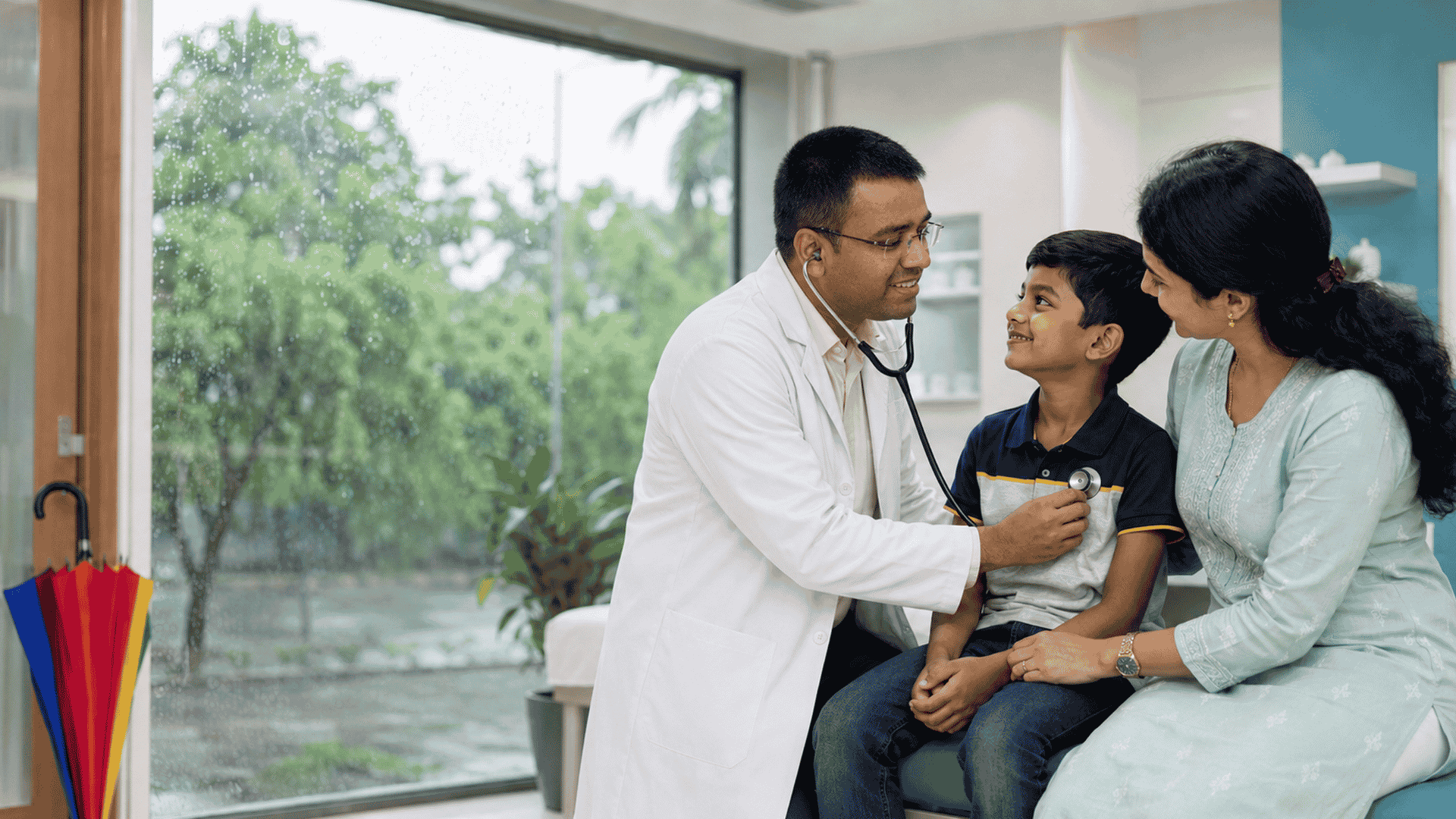 Pediatrician examining a child during the rainy season while his mother looks on