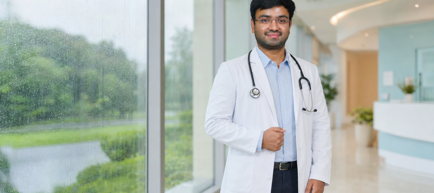 Pediatrician wearing a stethoscope in a hospital during the rainy season