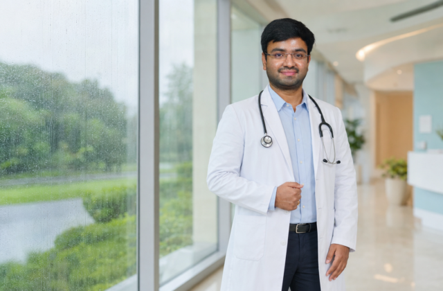 Pediatrician wearing a stethoscope in a hospital during the rainy season
