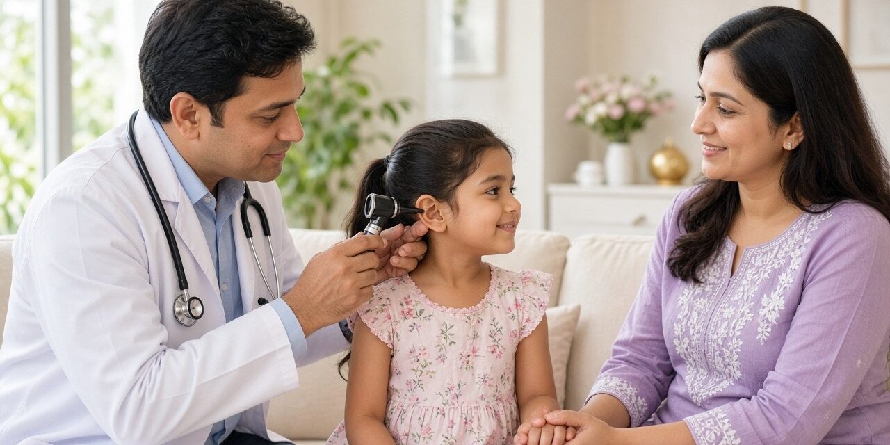 Pediatrician checking a smiling young girl's ear with an otoscope while her mother holds her hand
