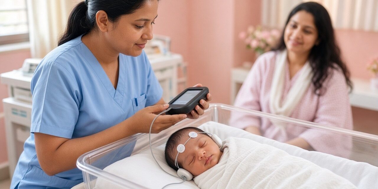 Nurse doing a newborn hearing screening test on a sleeping Indian baby in hospital while the mother watches