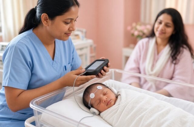 Nurse doing a newborn hearing screening test on a sleeping Indian baby in hospital while the mother watches