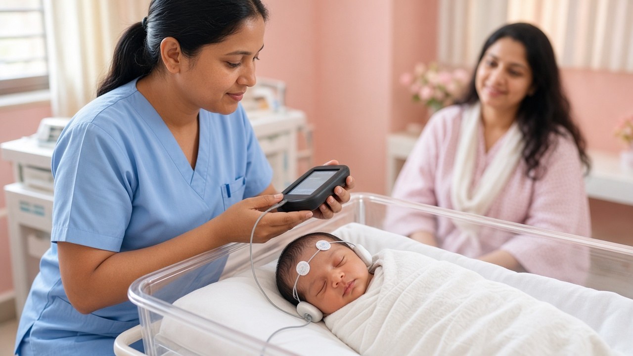 Nurse doing a newborn hearing screening test on a sleeping Indian baby in hospital while the mother watches