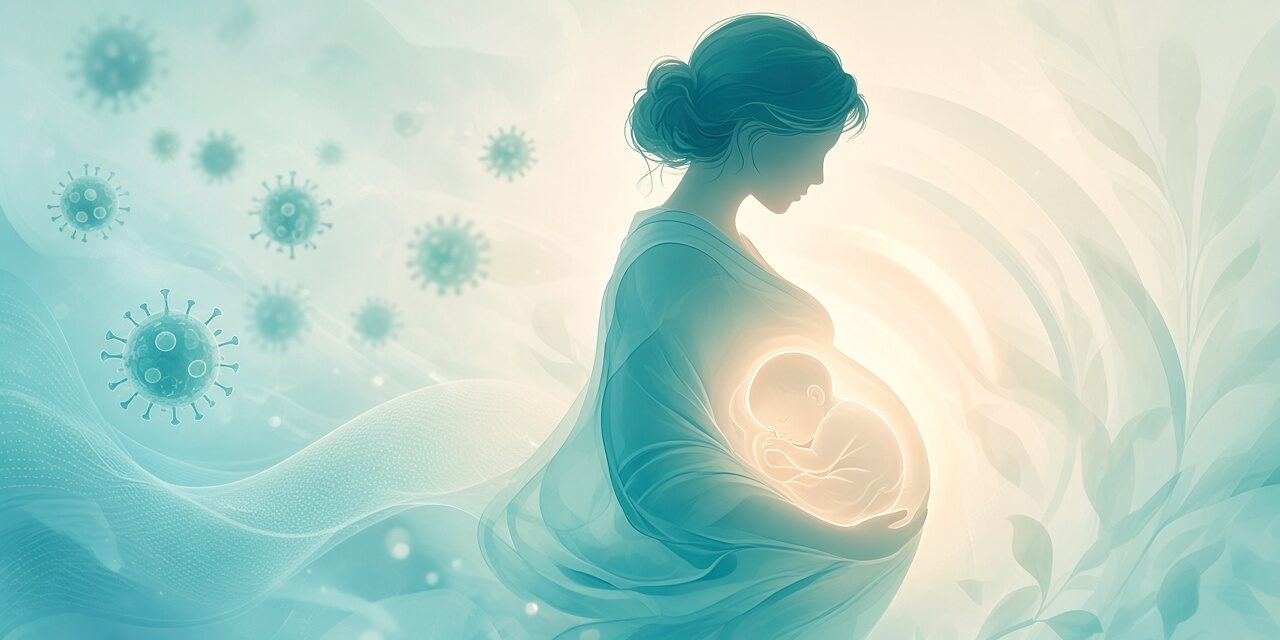 Illustration of maternal immunization protecting an unborn baby from respiratory viruses