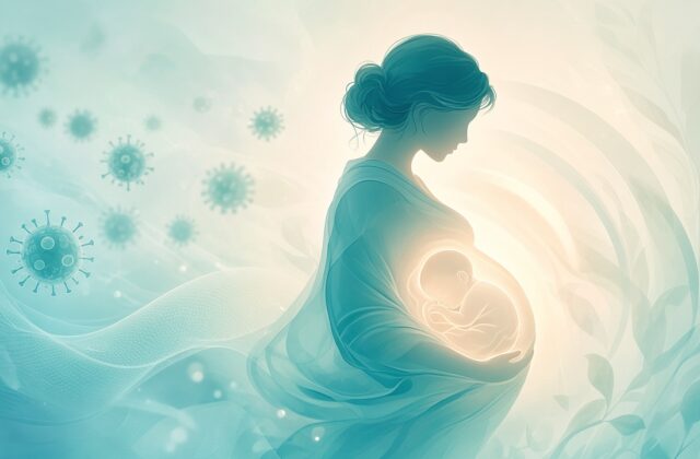 Illustration of maternal immunization protecting an unborn baby from respiratory viruses