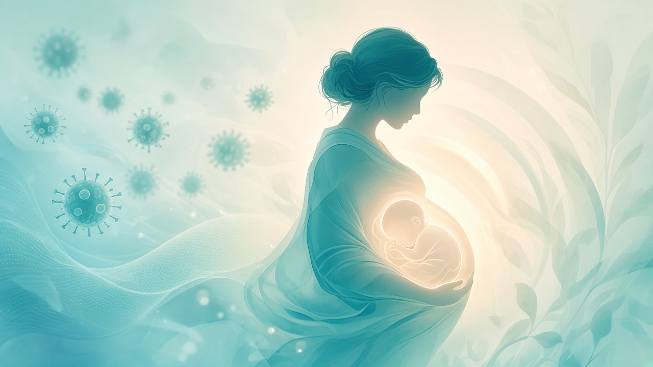 Illustration of maternal immunization protecting an unborn baby from respiratory viruses