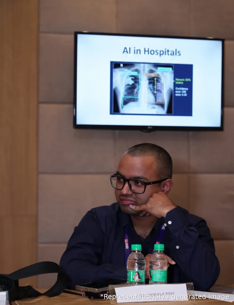 Dr. Vannala Raju speaking about AI in Hospitals at the DHN Policy Roundtable in Hyderabad.