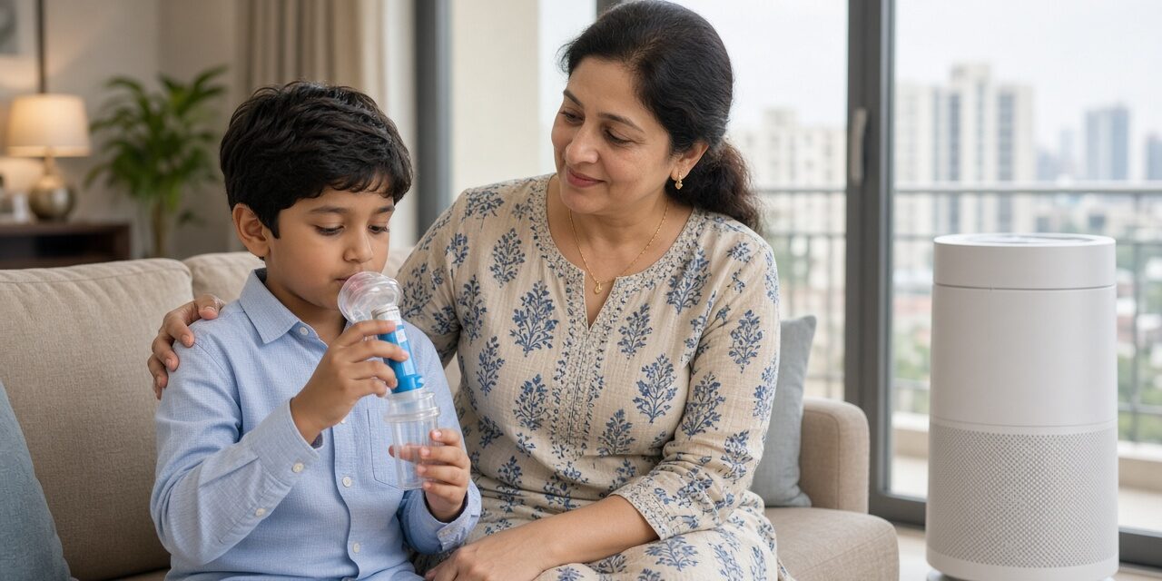 Indian mother helping her son use an asthma inhaler with a spacer at home, with an air purifier nearby during smoky Diwali-season air