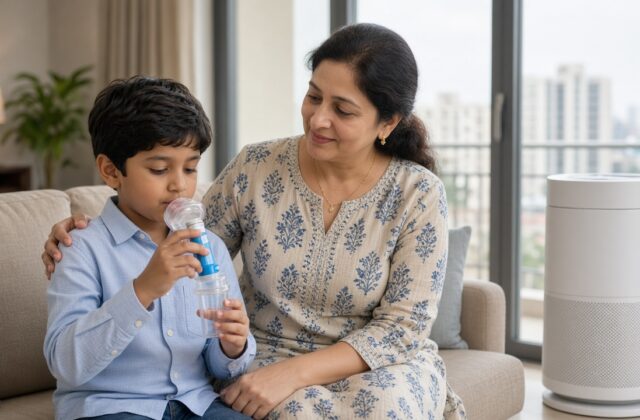Indian mother helping her son use an asthma inhaler with a spacer at home, with an air purifier nearby during smoky Diwali-season air