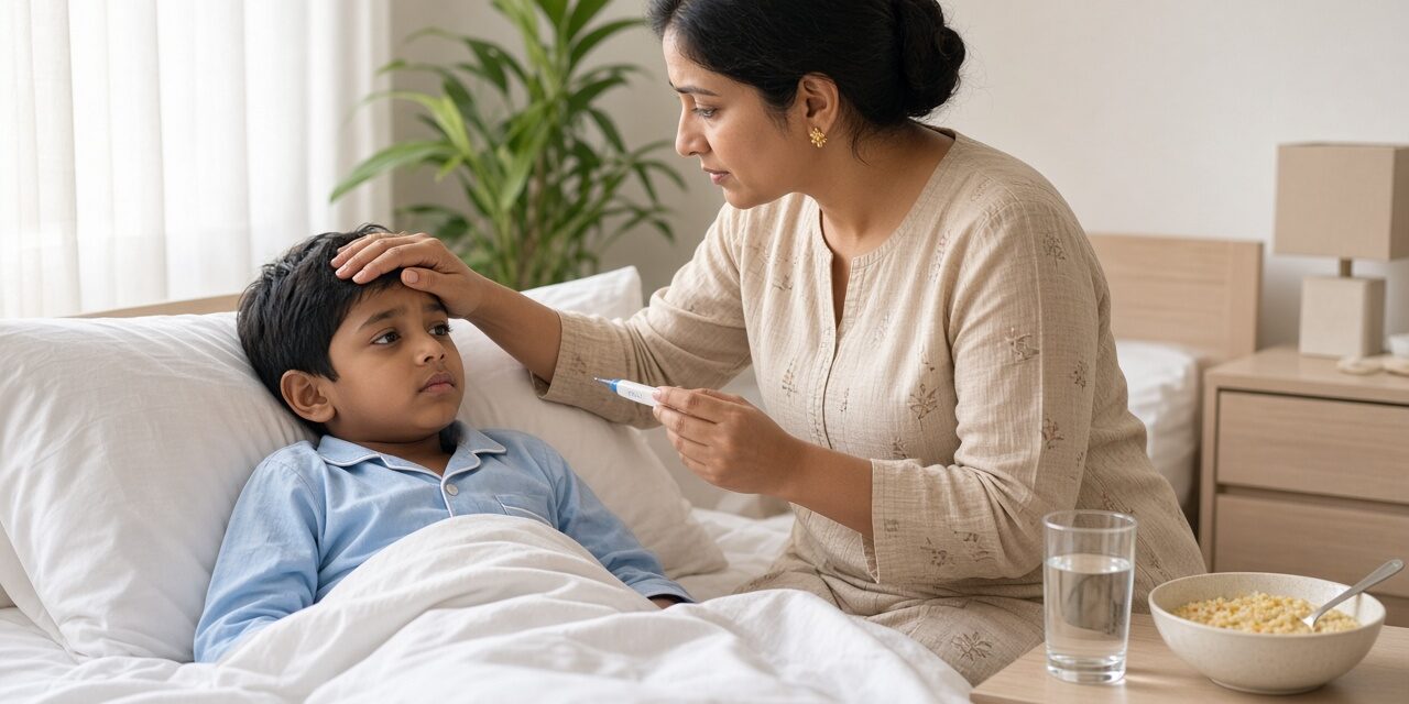 Indian mother checking her feverish son's forehead and holding a thermometer as he rests in bed, with water and light khichdi nearby, caring for a child with typhoid fever at home
