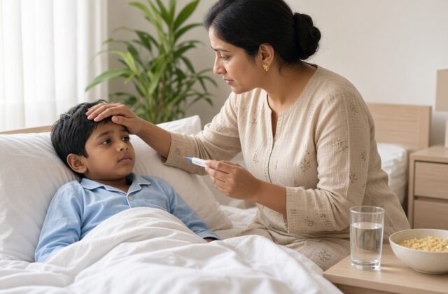 Indian mother checking her feverish son's forehead and holding a thermometer as he rests in bed, with water and light khichdi nearby, caring for a child with typhoid fever at home
