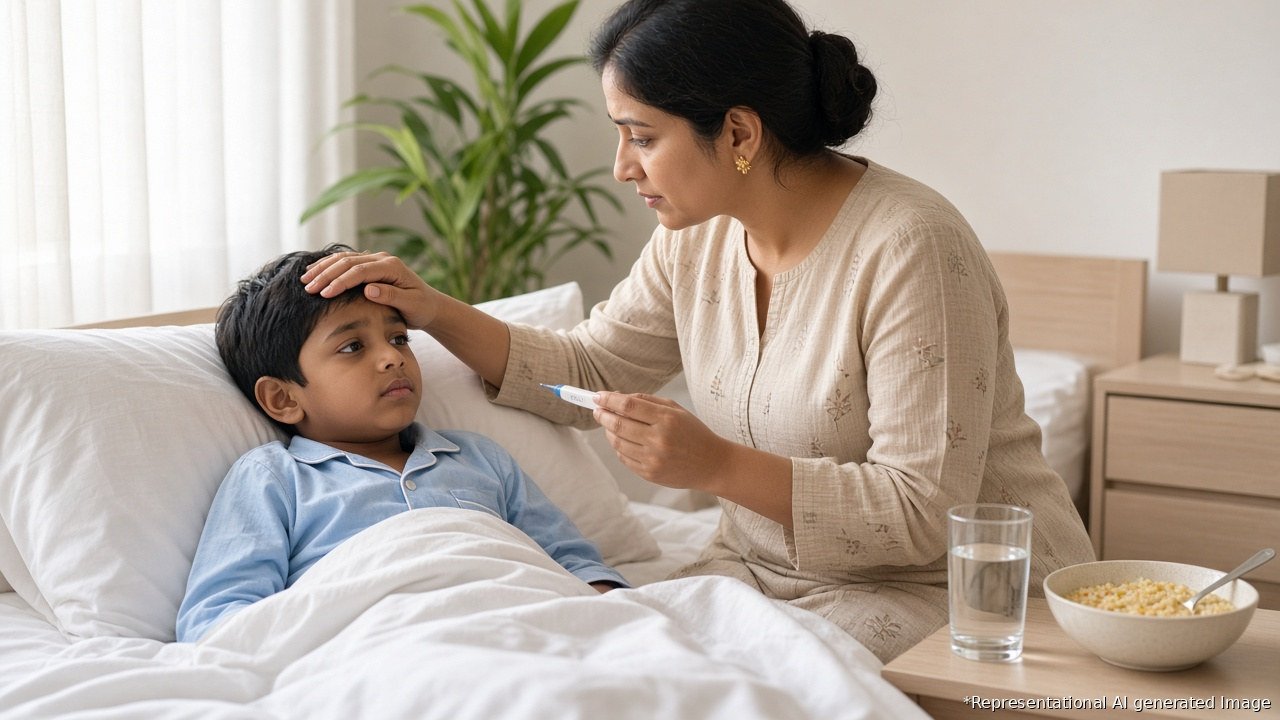 Indian mother checking her feverish son's forehead and holding a thermometer as he rests in bed, with water and light khichdi nearby, caring for a child with typhoid fever at home