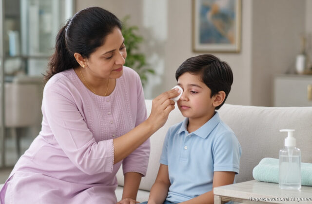 Indian mother gently cleaning her young son's red, watery eye with a cotton pad at home to care for pink eye