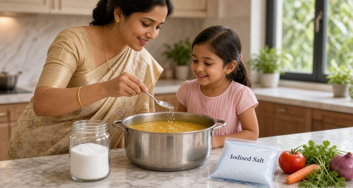 Indian mother adding iodised salt to dal while her daughter watches in a modern kitchen