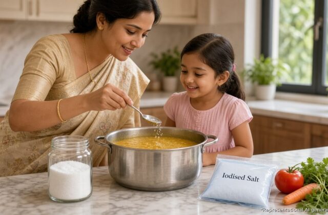 Indian mother adding iodised salt to dal while her daughter watches in a modern kitchen