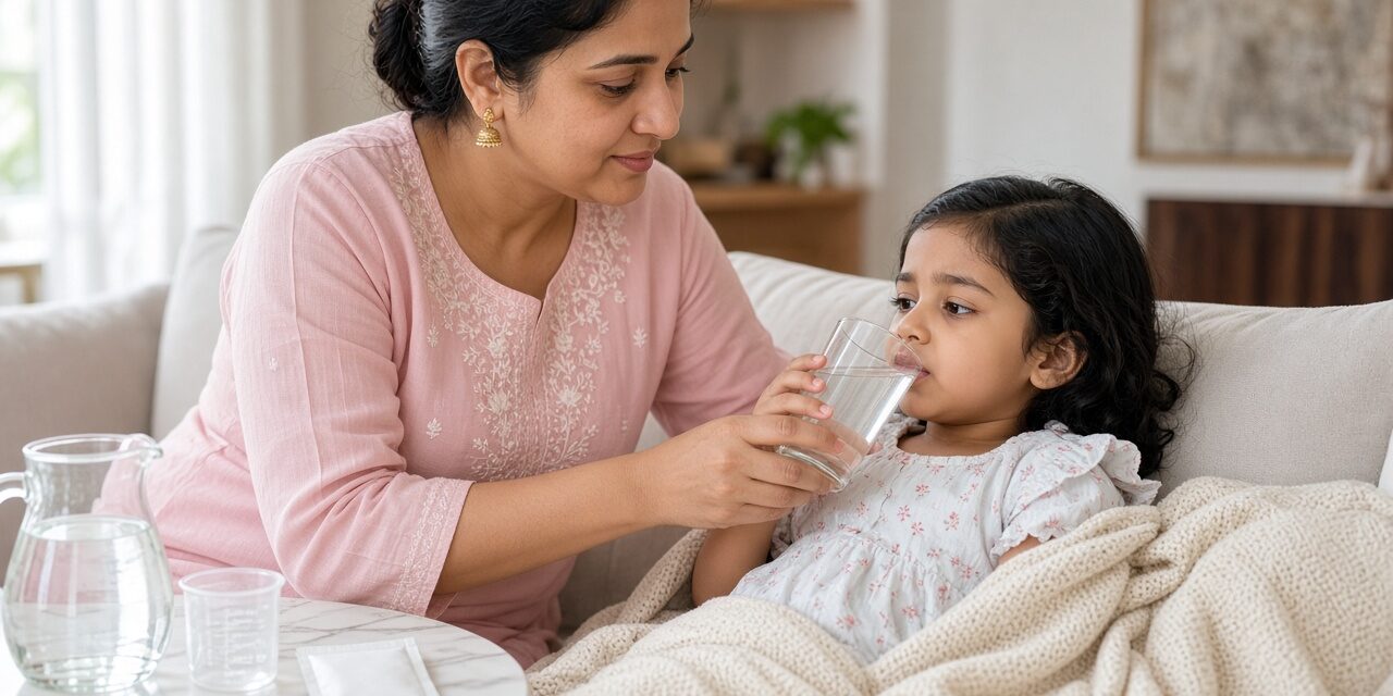 Indian mother giving her young daughter ORS solution from a glass at home to prevent dehydration during diarrhoea