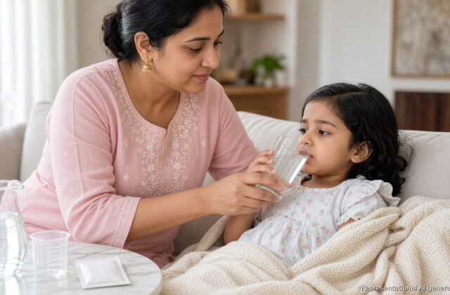 Indian mother giving her young daughter ORS solution from a glass at home to prevent dehydration during diarrhoea