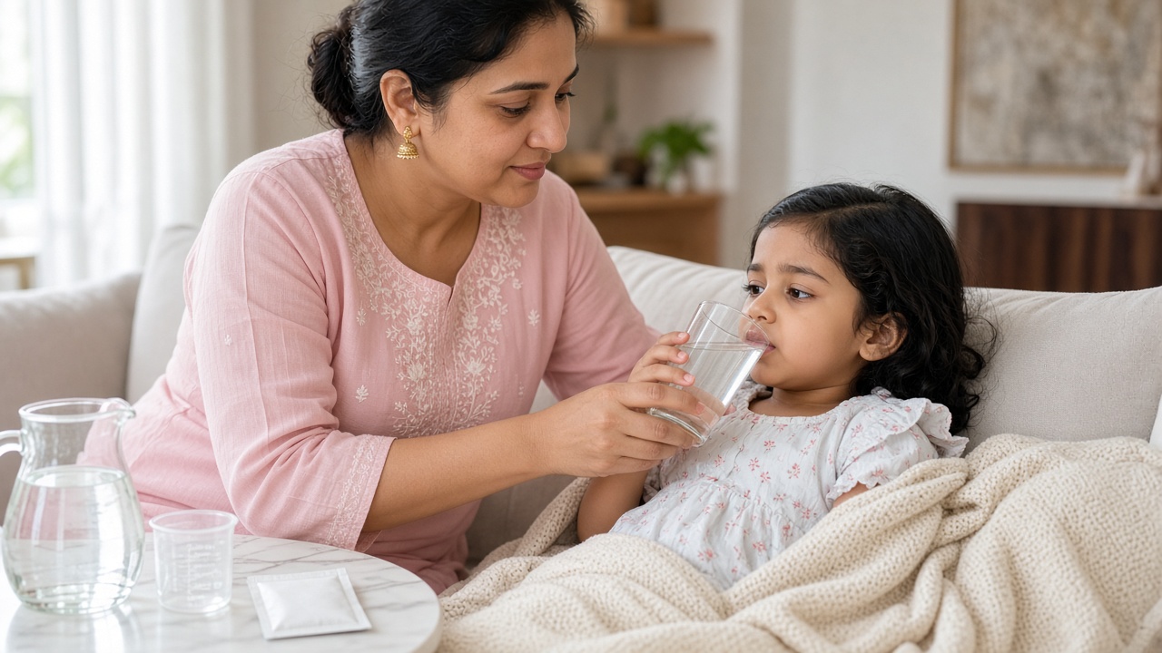 Indian mother giving her young daughter ORS solution from a glass at home to prevent dehydration during diarrhoea