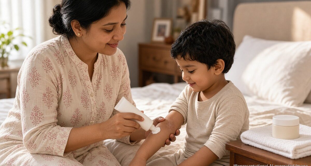 Smiling Indian mother in a bright modern bedroom applying fragrance-free moisturising cream to the dry eczema patch on her young son's elbow crease, representational AI-generated image for an article on winter eczema care in children