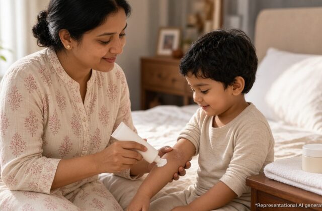 Smiling Indian mother in a bright modern bedroom applying fragrance-free moisturising cream to the dry eczema patch on her young son's elbow crease, representational AI-generated image for an article on winter eczema care in children