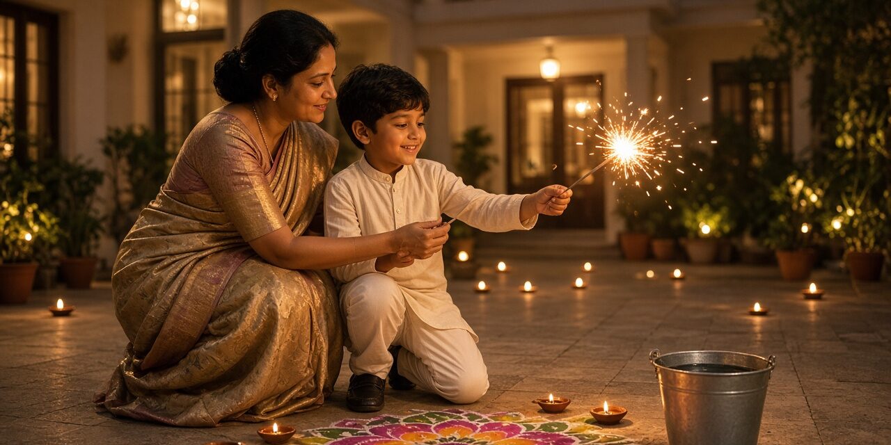 Indian mother guiding her young son as he holds a lit sparkler at arm's length on Diwali night, with diyas, rangoli and a bucket of water nearby for firecracker safety