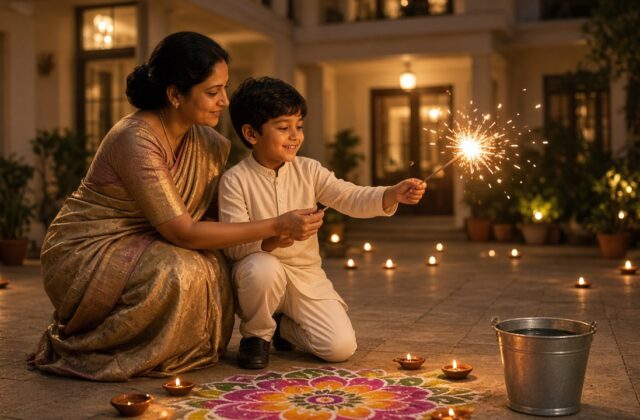 Indian mother guiding her young son as he holds a lit sparkler at arm's length on Diwali night, with diyas, rangoli and a bucket of water nearby for firecracker safety