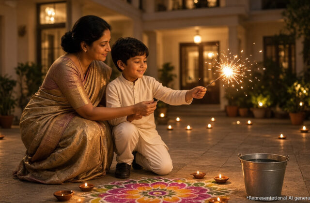 Indian mother guiding her young son as he holds a lit sparkler at arm's length on Diwali night, with diyas, rangoli and a bucket of water nearby for firecracker safety