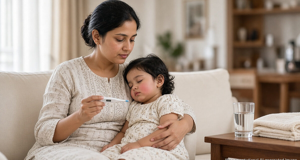 Indian mother in a modern living room calmly checking her sleepy toddler's fever with a digital thermometer, representational AI-generated image for an article on febrile seizures
