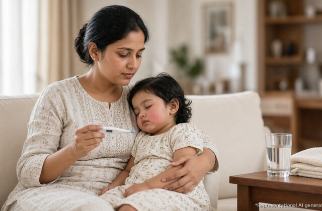 Indian mother in a modern living room calmly checking her sleepy toddler's fever with a digital thermometer, representational AI-generated image for an article on febrile seizures