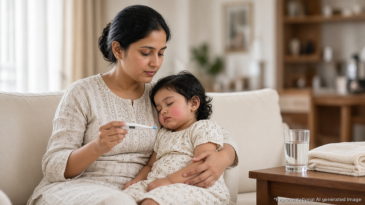Indian mother in a modern living room calmly checking her sleepy toddler's fever with a digital thermometer, representational AI-generated image for an article on febrile seizures