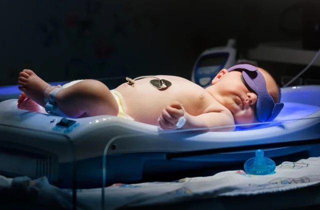 Newborn baby with protective eye cover sleeping under blue phototherapy light, a common hospital treatment for jaundice in newborns