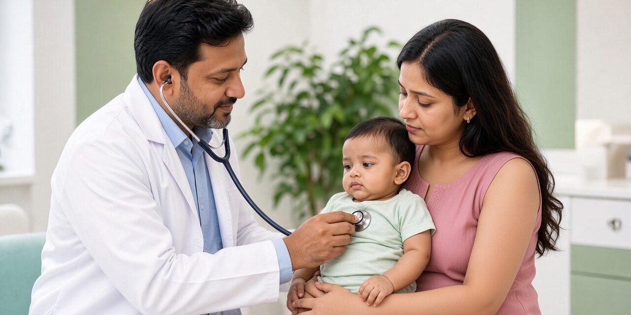 Indian pediatrician listening to a baby's chest with a stethoscope while the mother holds him in a bright clinic, checking for bronchiolitis after a cold