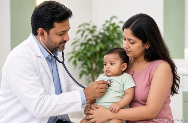 Indian pediatrician listening to a baby's chest with a stethoscope while the mother holds him in a bright clinic, checking for bronchiolitis after a cold