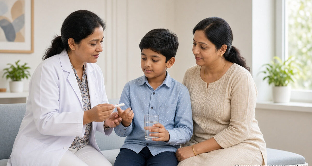 Indian pediatrician in a modern clinic doing a quick finger-prick blood glucose test on a thirsty school-age boy holding a glass of water, with his mother beside him, representational AI-generated image for an article on early signs of type 1 diabetes in children