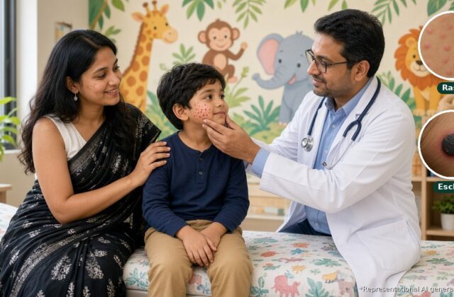 Indian pediatrician examining a boy's facial rash with his mother beside him, with inset close-ups of a scrub typhus rash and an eschar
